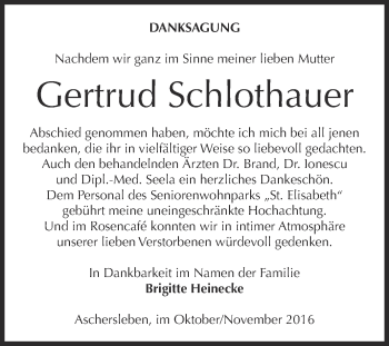 Traueranzeige von Gertrud Schlothauer von Super Sonntag Aschersleben