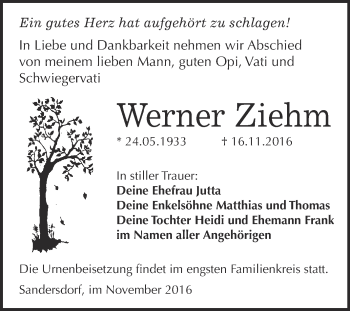 Traueranzeige von Werner Ziehm von WVG - Wochenspiegel Bitterfeld