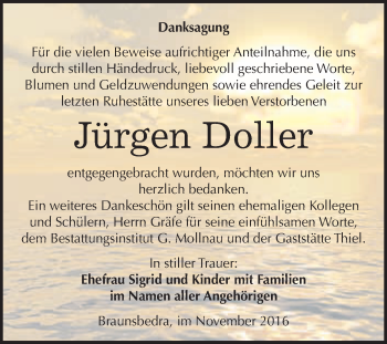 Traueranzeige von Jürgen Doller von WVG - Wochenspiegel Merseburg