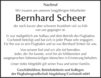 Traueranzeige von Bernhard Scheer von Super Sonntag Aschersleben