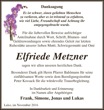 Traueranzeige von Elfriede Metzner von WVG - Wochenspiegel Dessau / Köthen