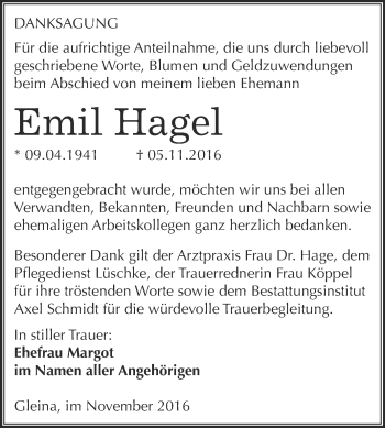 Traueranzeige von Emil Hagel von WVG - Wochenspiegel NMB / WSF / ZTZ