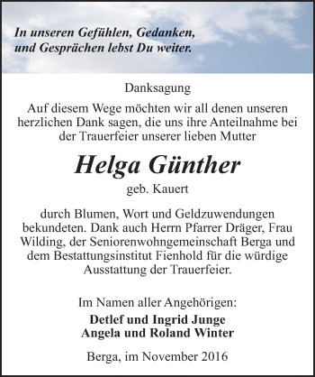 Traueranzeige von Helga Günther von Mitteldeutsche Zeitung Sangerhausen