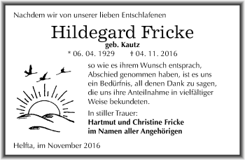 Traueranzeige von Hildegard Fricke von Mitteldeutsche Zeitung Mansfelder Land