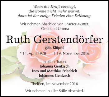 Traueranzeige von Ruth Gerstendörfer von Super Sonntag Zeitz