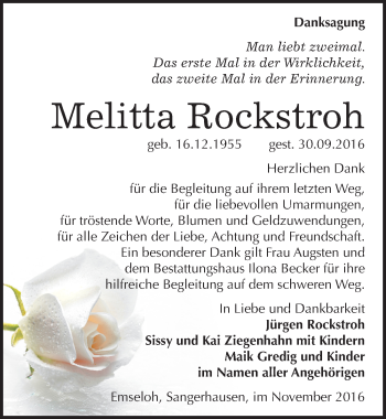 Traueranzeige von Melitta Rockstroh von Mitteldeutsche Zeitung Sangerhausen