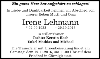 Traueranzeige von Irene Lehmann von Mitteldeutsche Zeitung Bernburg