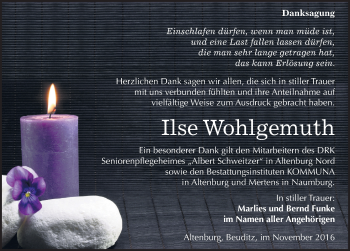 Traueranzeige von Ilse Wohlgemuth von Mitteldeutsche Zeitung Naumburg/Nebra