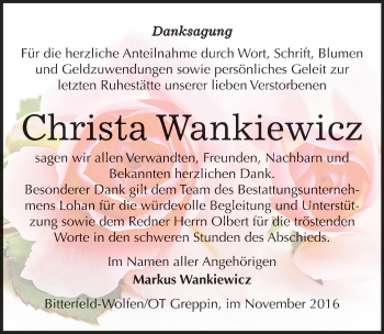 Traueranzeige von Christa Wankiewicz von Mitteldeutsche Zeitung Bitterfeld