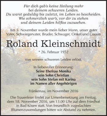 Traueranzeige von Roland Kleinschmidt von Mitteldeutsche Zeitung Naumburg/Nebra