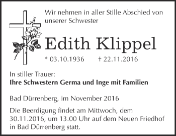 Traueranzeige von Edith Klippel von Super Sonntag Merseburg