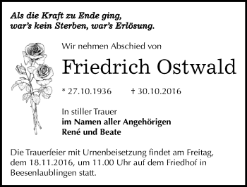 Traueranzeige von Friedrich Ostwald von Mitteldeutsche Zeitung Bernburg