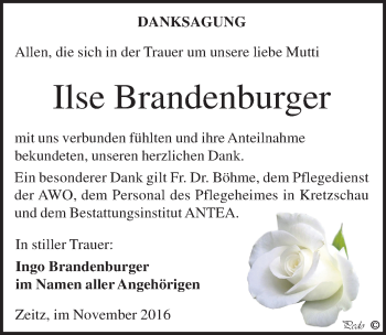Traueranzeige von Ilse Brandenburger von Mitteldeutsche Zeitung Zeitz
