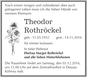 Traueranzeige von Theodor Rothröckel von WVG - Wochenspiegel Dessau / Köthen