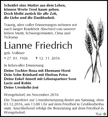 Traueranzeige von Lianne Friedrich von Mitteldeutsche Zeitung Weißenfels