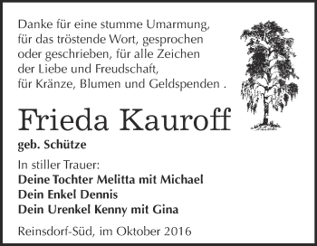 Traueranzeige von Frieda Kauroff von Super Sonntag Wittenberg