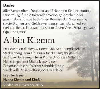 Traueranzeige von Albin Klemm von WVG - Wochenspiegel Quedlinburg