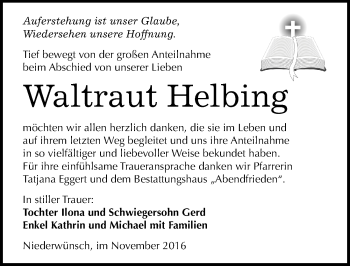 Traueranzeige von Waltraut Helbing von Mitteldeutsche Zeitung Merseburg/Querfurt