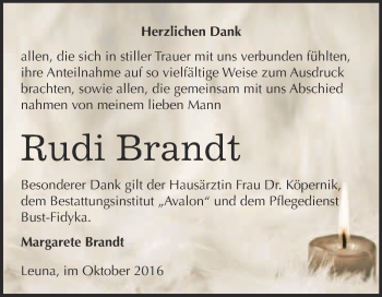 Traueranzeige von Rudi Brandt von WVG - Wochenspiegel Merseburg