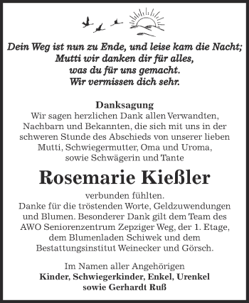 Traueranzeige von Rosemarie Kießler von Super Sonntag Bernburg