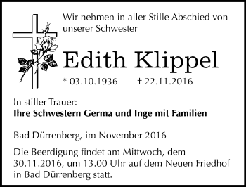 Traueranzeige von Edith Klippel von Mitteldeutsche Zeitung Merseburg/Querfurt