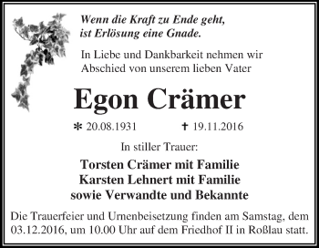 Traueranzeige von Egon Crämer von WVG - Wochenspiegel Dessau / Köthen