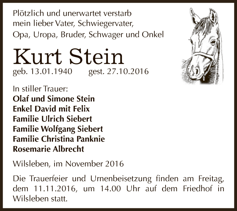  Traueranzeige für Kurt Stein vom 05.11.2016 aus Super Sonntag Aschersleben