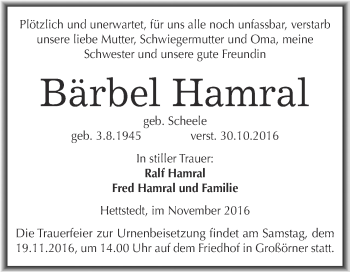 Traueranzeige von Bärbel Hamral von Super Sonntag SGH Mansf. Land