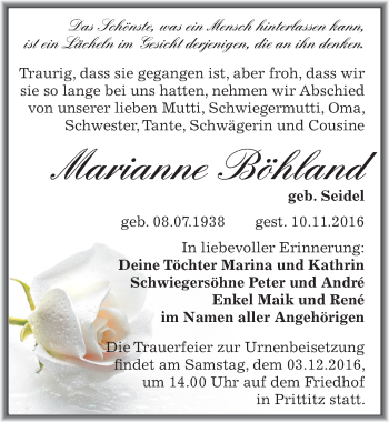 Traueranzeige von Marianne Böhland von Mitteldeutsche Zeitung Weißenfels