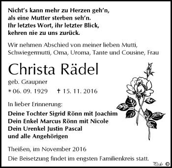 Traueranzeige von Christa Rädel von Mitteldeutsche Zeitung Zeitz