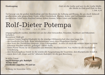 Traueranzeige von Rolf-Dieter Potempa von Mitteldeutsche Zeitung Quedlinburg