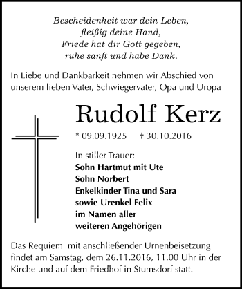 Traueranzeige von Rudolf Kerz von Mitteldeutsche Zeitung Bitterfeld