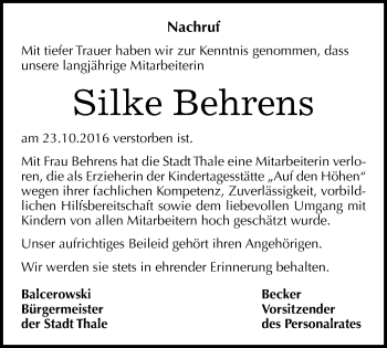 Traueranzeige von Silke Behrens von Mitteldeutsche Zeitung Quedlinburg