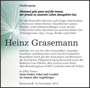 Traueranzeige von Heinz Grasemann von Mitteldeutsche Zeitung Halle/Saalkreis