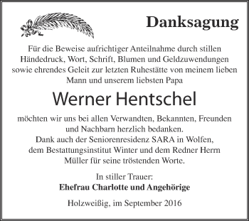 Traueranzeige von Werner Hentschel von WVG - Wochenspiegel Bitterfeld