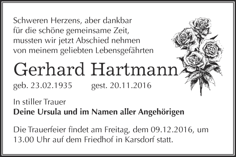  Traueranzeige für Gerhard Hartmann vom 30.11.2016 aus WVG - Wochenspiegel Merseburg
