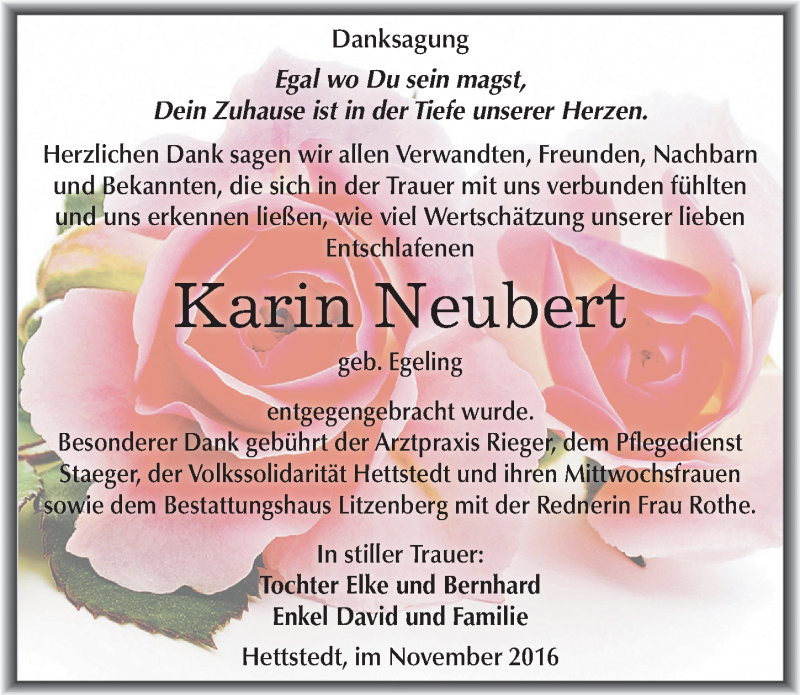  Traueranzeige für Karin Neubert vom 26.11.2016 aus Mitteldeutsche Zeitung Mansfelder Land