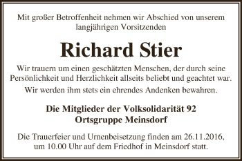 Traueranzeige von Richard Stier von WVG - Wochenspiegel Dessau / Köthen