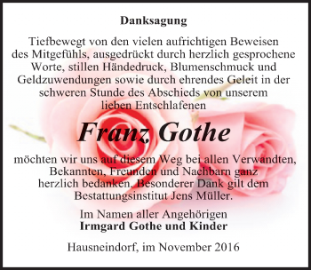 Traueranzeige von Franz Gothe von Mitteldeutsche Zeitung Quedlinburg