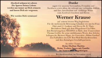 Traueranzeige von Werner Krause von Mitteldeutsche Zeitung Weißenfels