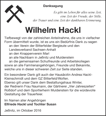 Traueranzeige von Wilhelm Hackl von WVG - Wochenspiegel Bitterfeld