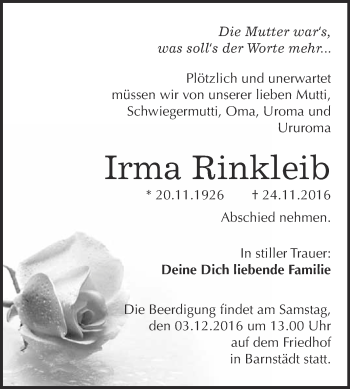Traueranzeige von Irma Rinkleib von WVG - Wochenspiegel Merseburg