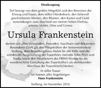Traueranzeige von Ursula Frankenstein von Mitteldeutsche Zeitung Sangerhausen