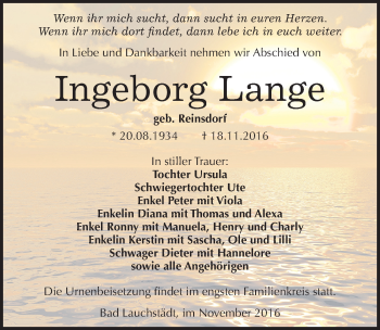 Traueranzeige von Ingeborg Lange von Mitteldeutsche Zeitung Merseburg/Querfurt