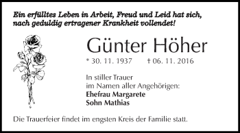 Traueranzeige von Günter Höher von WVG - Wochenspiegel Dessau / Köthen