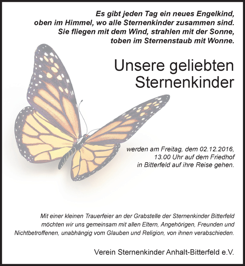  Traueranzeige für Sternenkinder  vom 26.11.2016 aus Mitteldeutsche Zeitung Bitterfeld