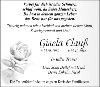 Traueranzeige von Gisela Clauß von Mitteldeutsche Zeitung Dessau-Roßlau