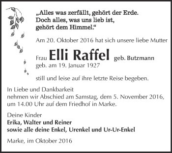 Traueranzeige von Elli Raffel von WVG - Wochenspiegel Bitterfeld