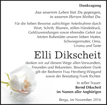Traueranzeige von Elli Dikscheit von Mitteldeutsche Zeitung Sangerhausen
