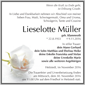 Traueranzeige von Lieselotte Müller von Wochenspiegel Mansfelder Land